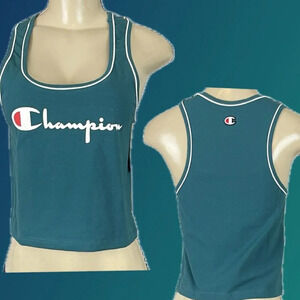 Champion L Green Logo Graphic Scoop Neckline Cotton Crop Fitted Tank Top